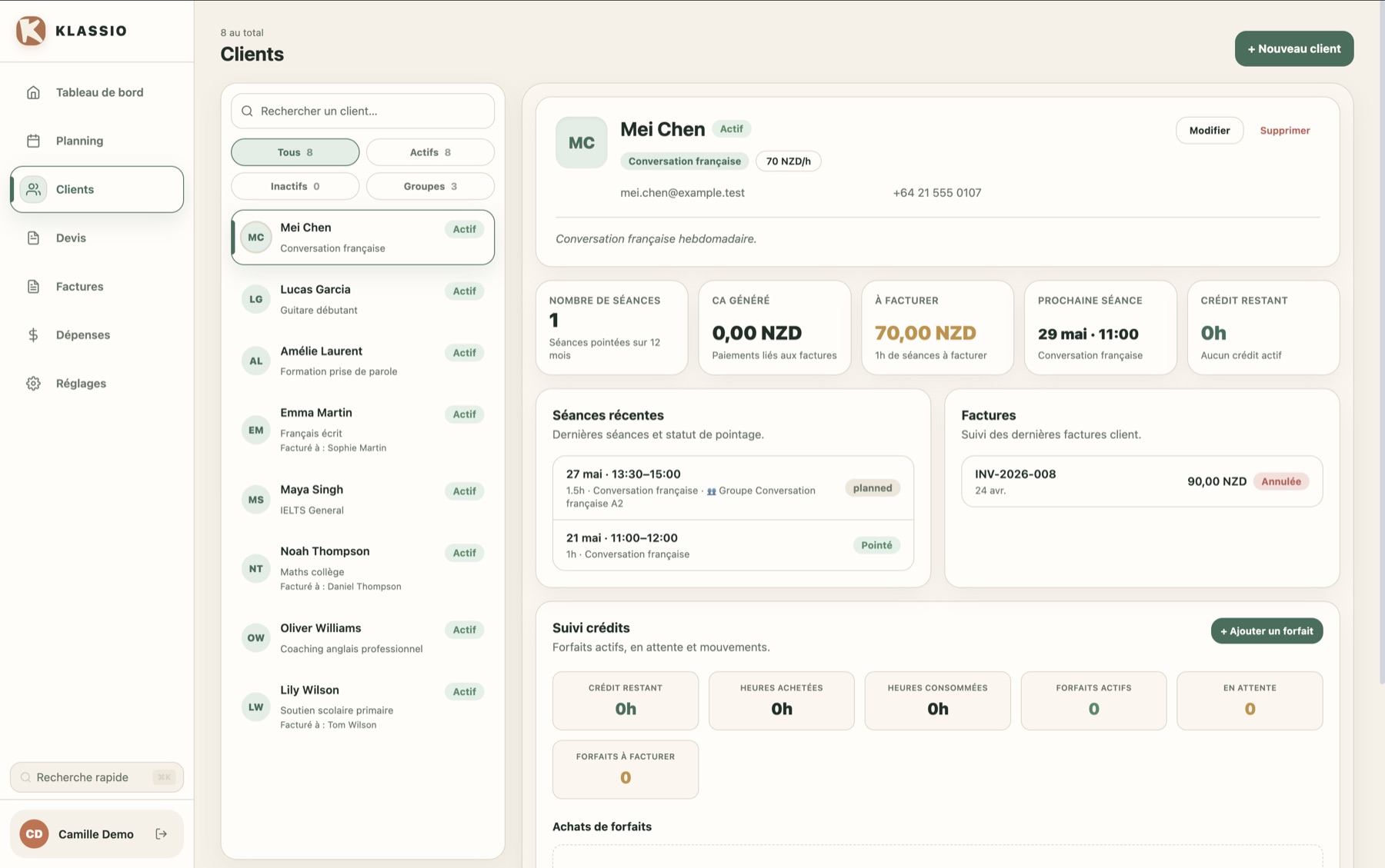 Vue clients Planizz avec les élèves et les groupes