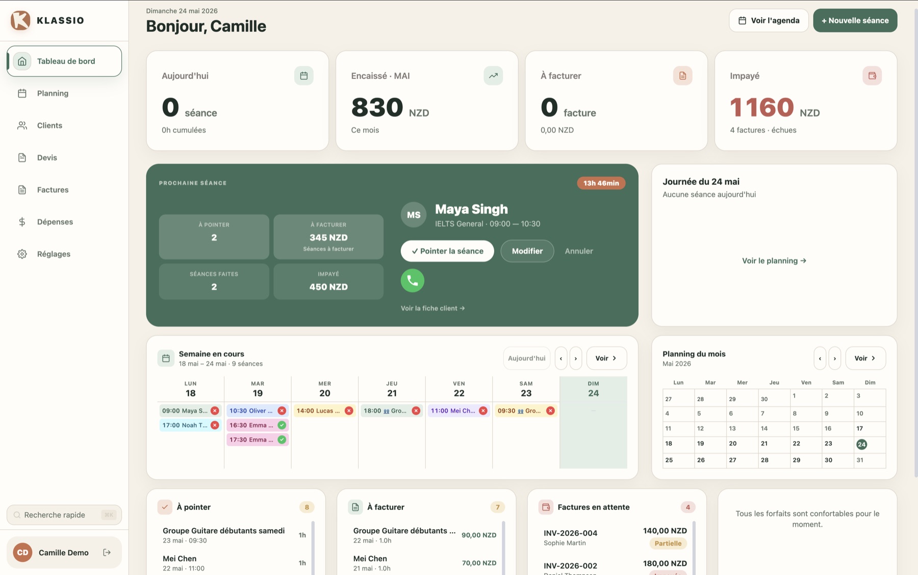 Dashboard Planizz avec le résumé de l’activité