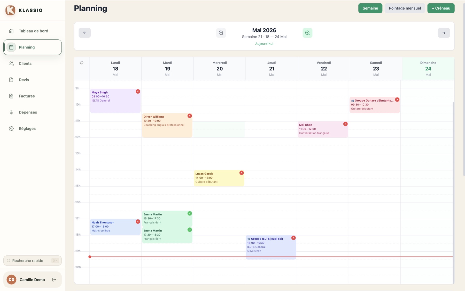 Vue planning Planizz avec les séances de la journée