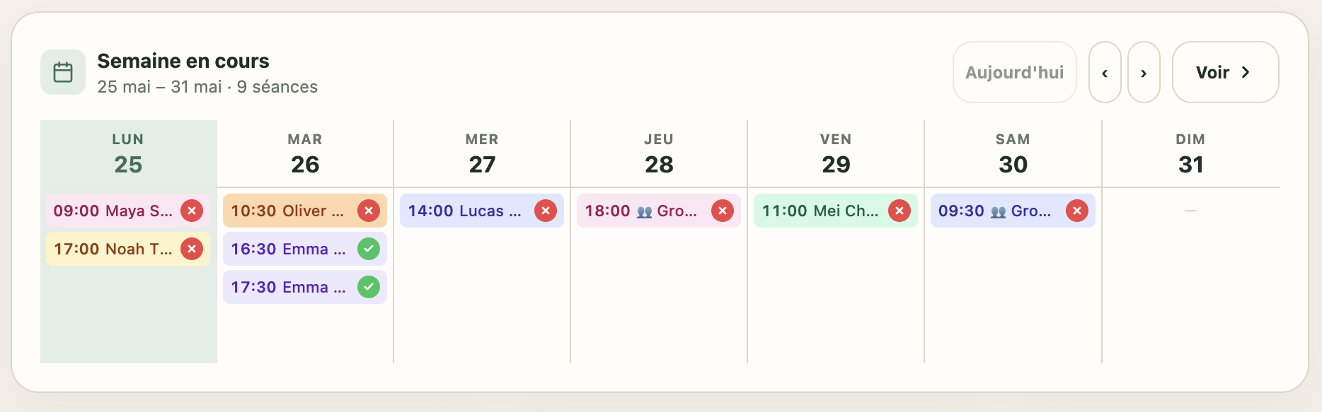 Vue Planizz utilisée pour représenter la fin de séance et le suivi